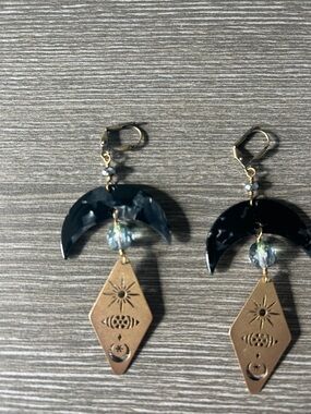 Handcrafted Black Crescent & Brass Drop Earrings